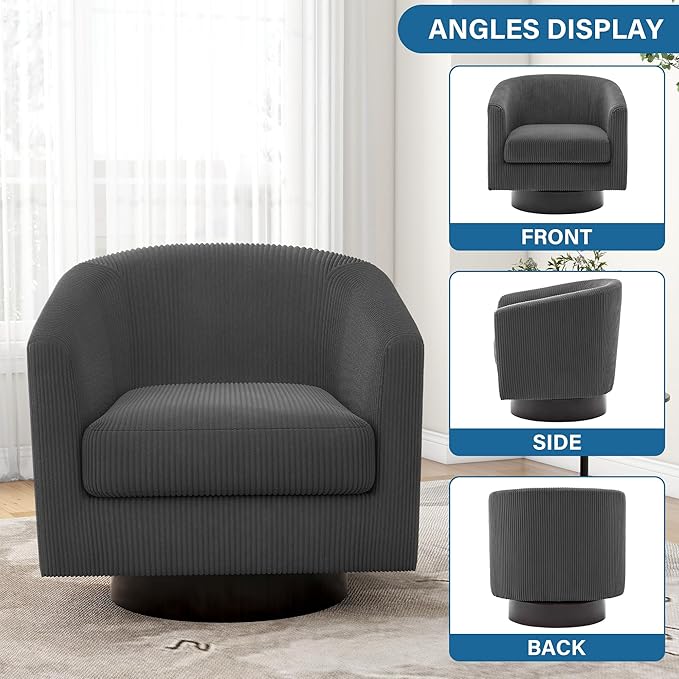 UIXE Swivel Accent Chairs Set of 2, Corduroy Barrel Club Chair Upholstered Armchair for Living Room, Round Arm Chair Bedroom Single Sofa Reading Seat - Gray