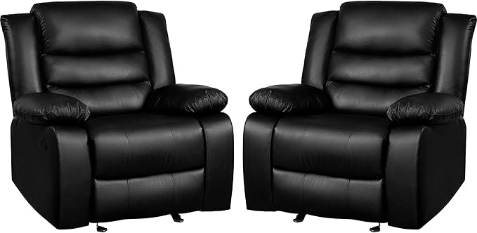 PrimeZone Oversized Rocker Recliner Chair - Comfy Wide Lazy Boy Recliner Chair with Overstuffed Armrest, Faux Leather Manual Reclining Chairs for Living Room, Bedroom, Home Theater, Black Set of 2