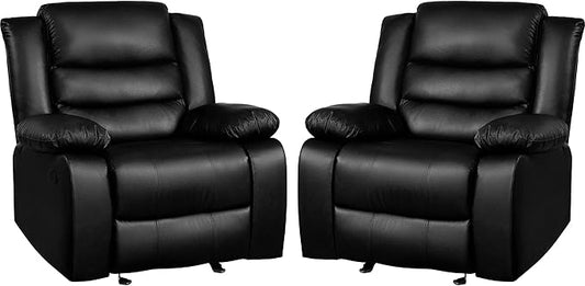 PrimeZone Oversized Rocker Recliner Chair - Comfy Wide Lazy Boy Recliner Chair with Overstuffed Armrest, Faux Leather Manual Reclining Chairs for Living Room, Bedroom, Home Theater, Black Set of 2
