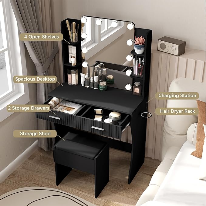 Black Vanity, Small Vanity Desk with Mirror and Lights, Makeup Vanity Desk with 3 Color Modes Adjustable Bulb, 2 Large Drawers and 4 Open Storage Shelves, Vanity with Chair for Bedroom