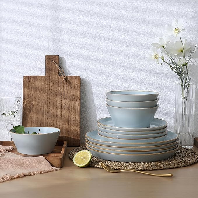 Famiware Saturn Dinnerware Sets, Plates and Bowls Sets for 4, 12 Pieces Stoneware Dish Set - Chip and Scratch Resistant, Microwave and Dishwasher Safe Tableware Set, Light Blue with Rim