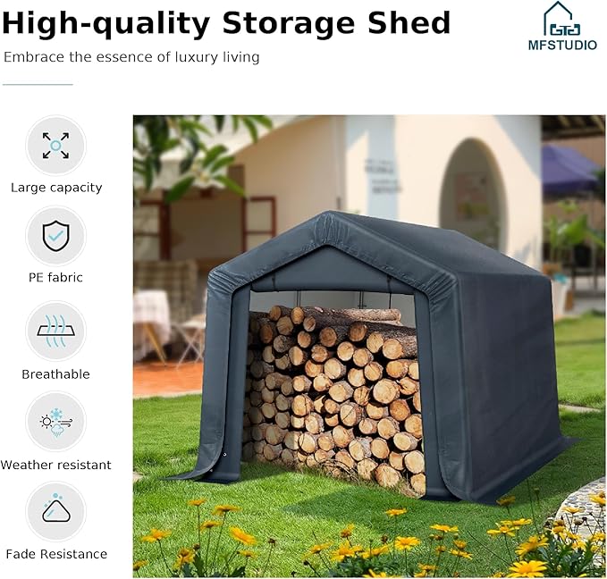 MFSTUDIO Outdoor Storage Sheds 8x12 ft, Portable Carport Shelter Garages Heavy Duty Canopy with Rolled up Zipper Doors,Outside Utility Shed Garage Tent for Motorcycle, Bicycles,Lawn mowers and Tools