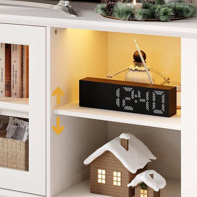 LINSY HOME TV Stand for 75 Inch TV, 68" Long Entertainment Center with LED Lights and Glass Door Storage Cabinet, Modern Farmhouse Wood TV Console Table for Living Room, Bedroom, White