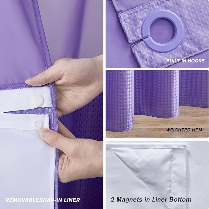 Furlinic Purple Small Stall No Hook Shower Curtain with Snap in Liner,Waffle Weave Heavy Duty Fabric Waterproof Bathroom Curtains,Washable Shower Curtain Set with See Through Window 36x72 Inch
