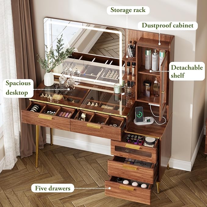 47.24" Big Modern Vanity Desk with Mirror and Lights,Makeup Vanity Desk with 5 Drawers and Storage Shelves & Power Outlet,Dressing Table with Glass Top, Brown