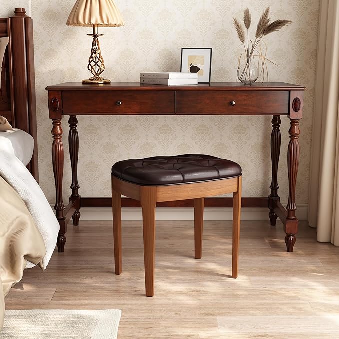 Solid Wood Button Tufted Vanity Stool, Ottoman Stool with Wood Legs & Padded Seat PU Leather Upholstered Piano Bench with Non-Slip Foot Pads Accent Chair for Bedroom Entryway, Dark Brown