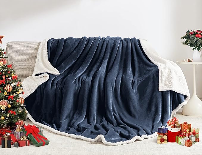 BEAUTEX Sherpa Fleece Throw Blanket Twin Size for Couch - Thick and Warm Blanket for Winter, Fluffy Flannel Plush Twin Blanket, Fuzzy Blue Cuddle Blankets for Couch Bed Sofa (60" x 80", NavyBlue)