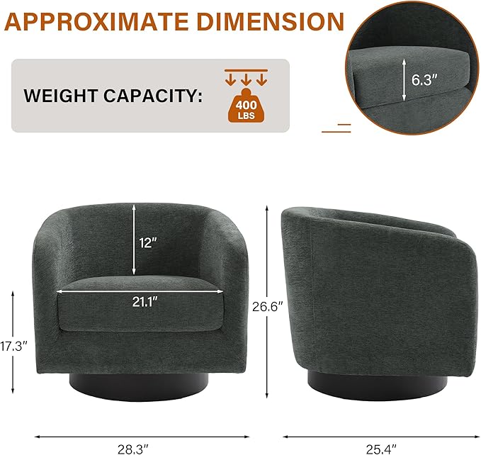 UIXE Swivel Accent Chair, Chenille Barrel Chairs Upholstered Armchair for Living Room, Modern Round Arm Chair Small Single Sofa Bedroom Reading Seat - Gray