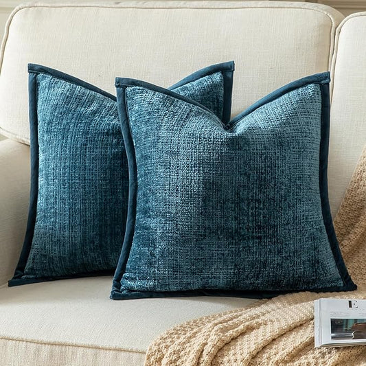 Yaertun Pack of 2 Chenille Textured Decorative Throw Pillow Covers Accent Solid Cushion Cover Soft Cozy Pillow Case with Velvet Back for Couch Sofa Bed Living Room 18x18 Inch Blue