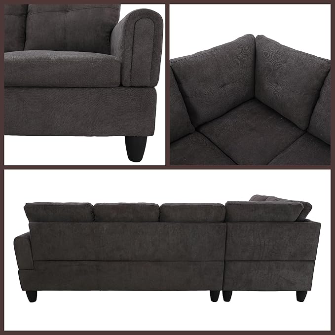 L Shaped Couch Sectional Couches with Chaise and Storage Ottoman, Fluffy Fabric 3 Pieces Modular Convertible Sofa for Living Room Furniture Sets and Small Apartment, Dark Brown