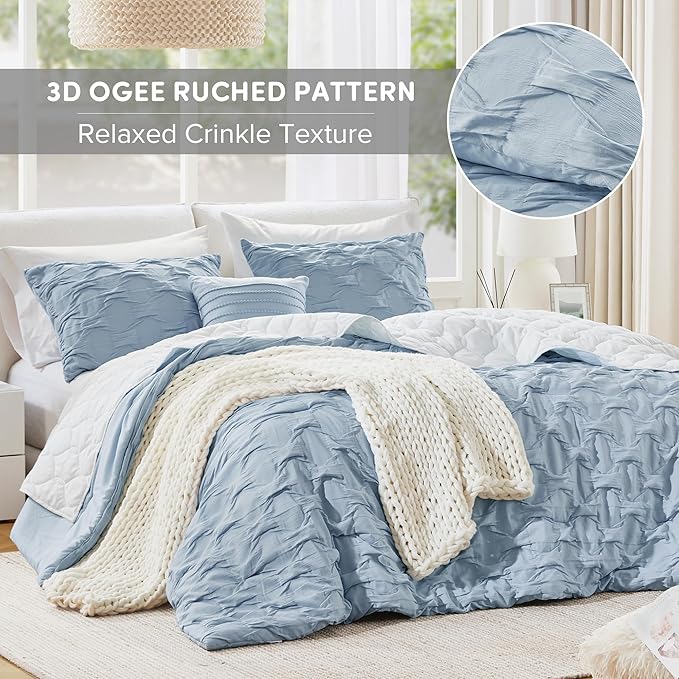 Comfort Spaces Comforter for King Size Bed, Ogee Ruched with Crinkle Texture, Breathable Comforter Set King, All Season Lightweight Bedding Set, Shams, Décor Pilow, King/Cal King Blue 4 Piece