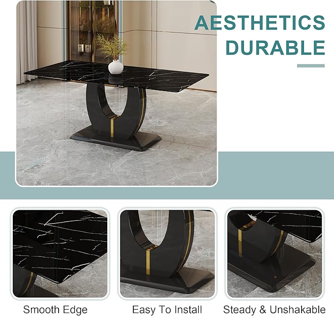 Dining Table Set for 8, Kitchen Table Chairs Set of 8, Modern Dining Room Set with 71 inch Marble Dinner Table PU Leather Upholstered Chairs for Dining Room Kitchen