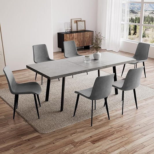 47.2"- 62.9" Extendable Dining Table Set for 6, Modern Kitchen Table with 6 Dining Chairs for 4-6 Person, Thickened Expandable Wooden Table with Steel Legs for Dining Room, Kitchen