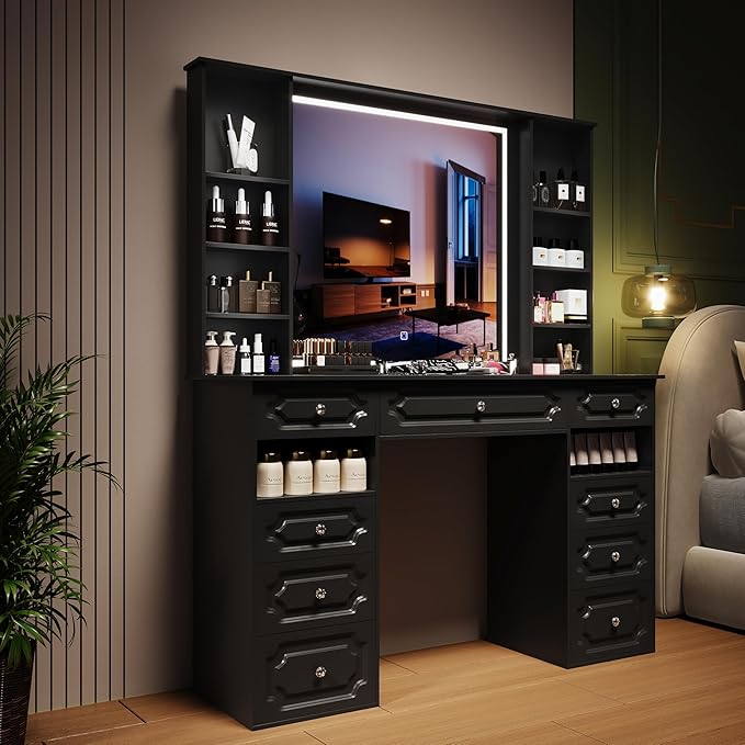 Vanity Desk with Lighted Mirror, 47” Heavy-Duty Large Makeup Vanity, 9 Drawer Dressing Table with Mirror, Elegant Make Up Desk for Bedroom (Black)