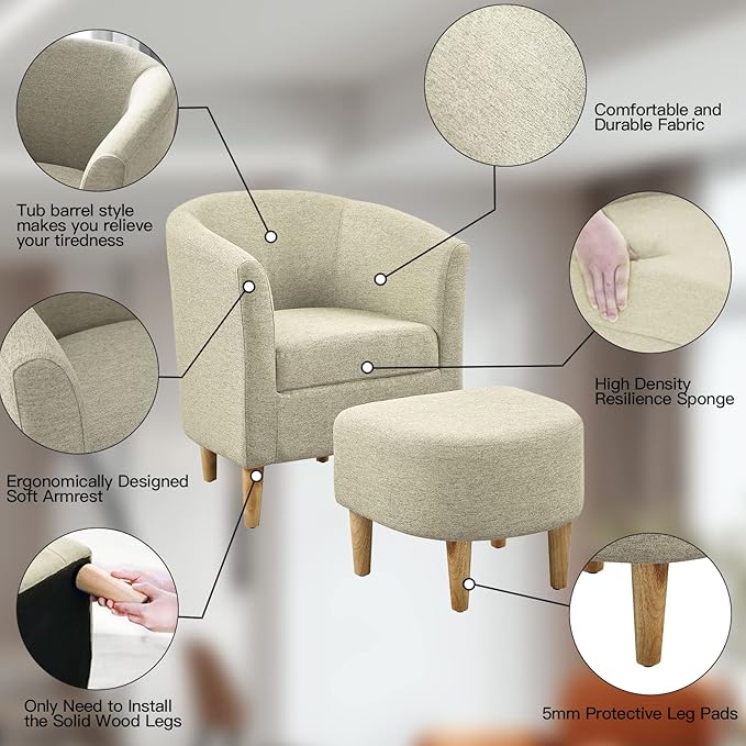 DAZONE Accent Chair Set of 2 Mid Century Modern Chair with Ottoman Comfy Armchair Footrest Set Comfortable Living Room Chairs Upholstered Barrel Club Tub Sofa Chair for Bedroom Reading Room Beige