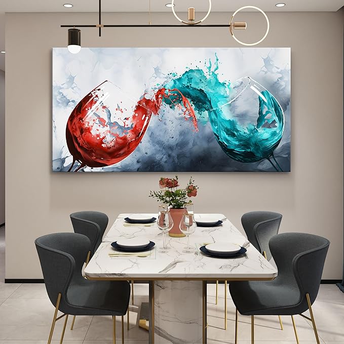 Pogusmavi Dining Room Wall Art Wine Glass Canvas Wall Pictures Kitchen Art Wall Decor Blue & Red Wine Cups Painting Modern Wall Art for Living Room Office Artwork Wall Decor 24x48IN