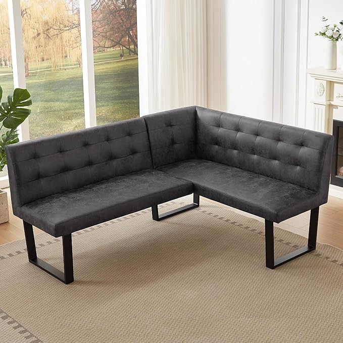 3 Piece Dining Table Set with Bench, 42.9 Inch Modern Kitchen Table with Left Seat Corner and 43.3 Inch Bench for Family Dining Room Furniture