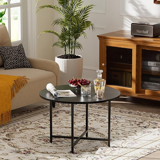 Round Coffee Table, Small Coffee Tables for Living Room, Wood Coffee Table with Metal Frame, Floor Table Desk for Sitting on The Floor, Home, Office, Farmhouse, Black (23.6" D x 17.7" H)
