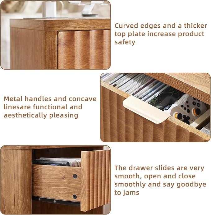 LEYAOYAO Fluted Nightstand with Charging Station, 23" Wide 1 Drawers Night Stand,Brown End Table with Open Storage,Farmhouse Bed Side Tables, Wood Dresser for Bedroom, Living Room, Closet