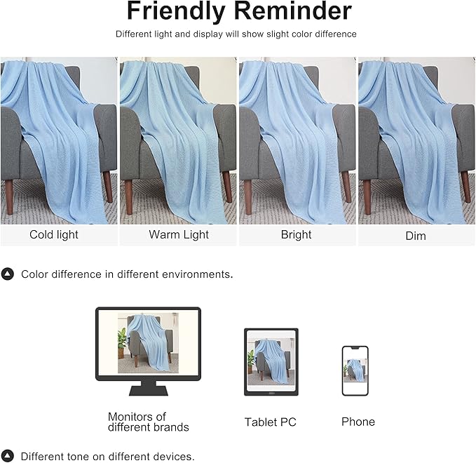 PiccoCasa 100% Cotton Knit Throw Blanket,Solid Lightweight Decorative Throws and Blankets,Soft Knitted Throw Blanket for Sofa Couch, Pale Blue 50" x 60"