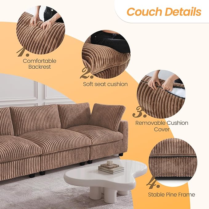 JACH 118" Sectional Couches, Convertable Modular Sofa for Living Room, Modern Deep Seat Couch, Sofa Covers Washable, Minimalist Plush Sofas for Living Room, Apartment, Brown