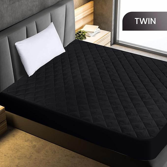 Utopia Bedding Quilted Fitted Mattress Pad, Twin Size, Elastic Fitted Mattress Topper Protector and Cover Stretches up to 16 Inches Deep, Machine Washable (Black)
