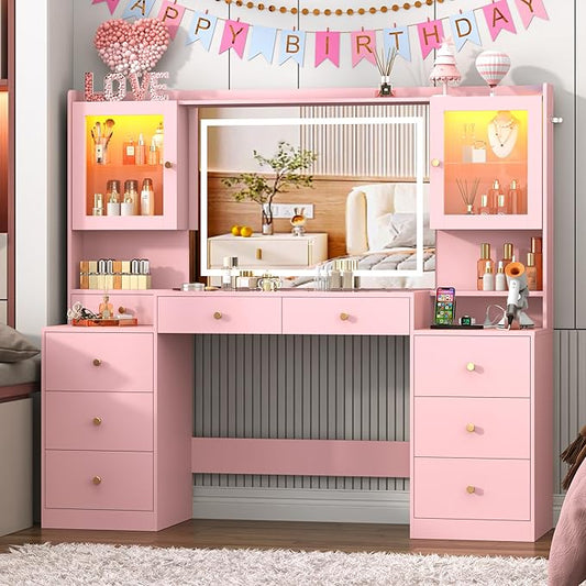62" Large Pink Vanitys Desk w/ Tempered Glass Top,60000-color LED Lights,Power Outlet, Make up Vanity w/ 3 Lights Mode LED Mirror,9 Drawers,2 RGB Cabinet LED Vanity Table for Women,Girls