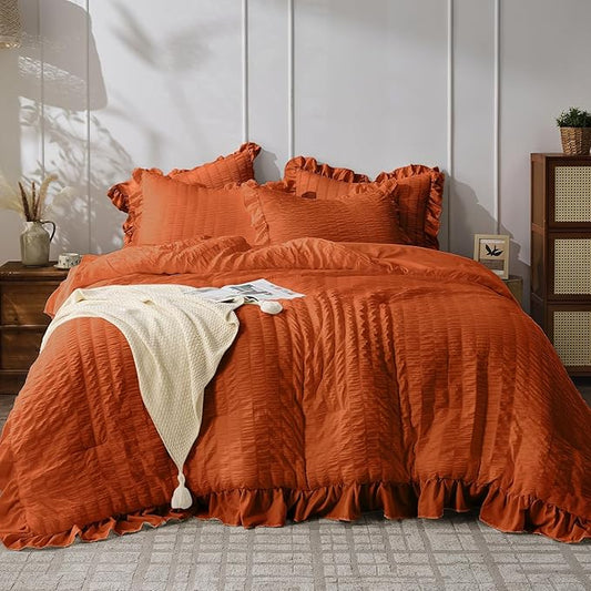 JOLLYVOGUE Burnt Orange Queen Comforter Set, 3 Pieces Seersucker Comforters Queen Size, Lightweight & Fluffy Bedding Sets Queen for All Season with 1 Ruffle Comforter and 2 Ruffle Pillowshams