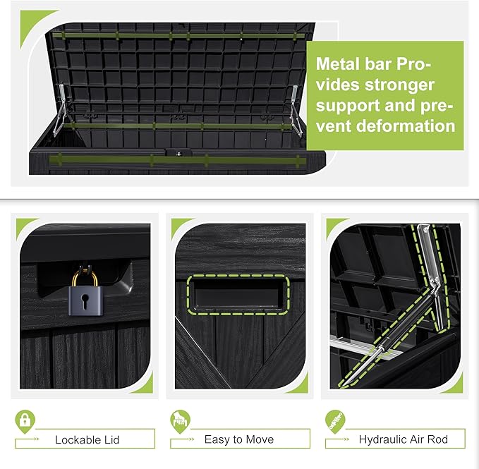 Greesum 120 Gallon Deck Box, Resin Outdoor Storage Container for Patio Furniture, Garden Tools, Pool Accessories, Weatherproof, Lockable, Black