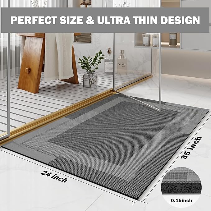Non Slip Bath Mat, Rubber Backing Ultra Thin Bathroom Rugs Fit Under Door Quick Dry Super Absorbent Washable Bath Rug Shower Mat for Bathroom Floor Bathtub Sink, Easy Care Dark Grey 24"x 35"