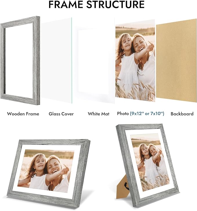 9x12 Picture Frame with Glass, Display Pictures 7x10 with Mat or 9 x 12 without Mat - Wall and Tabletop, 9 by 12 Photo Wooden Frames (Grey, 1 Pack)