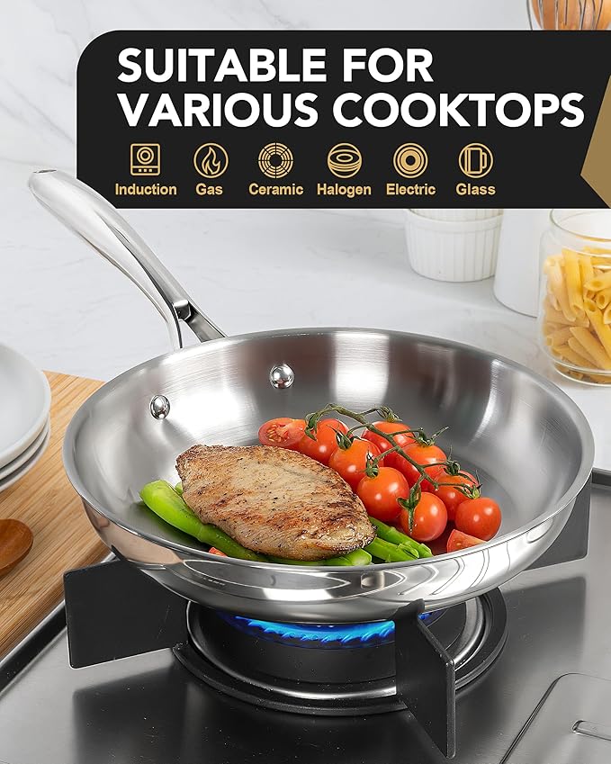 MICHELANGELO Stainless Steel 8 inch Frying Pan, Small Skillet with Triply Base, Stainless Steel Pan with Ergonomic Handle, Induction Compatible