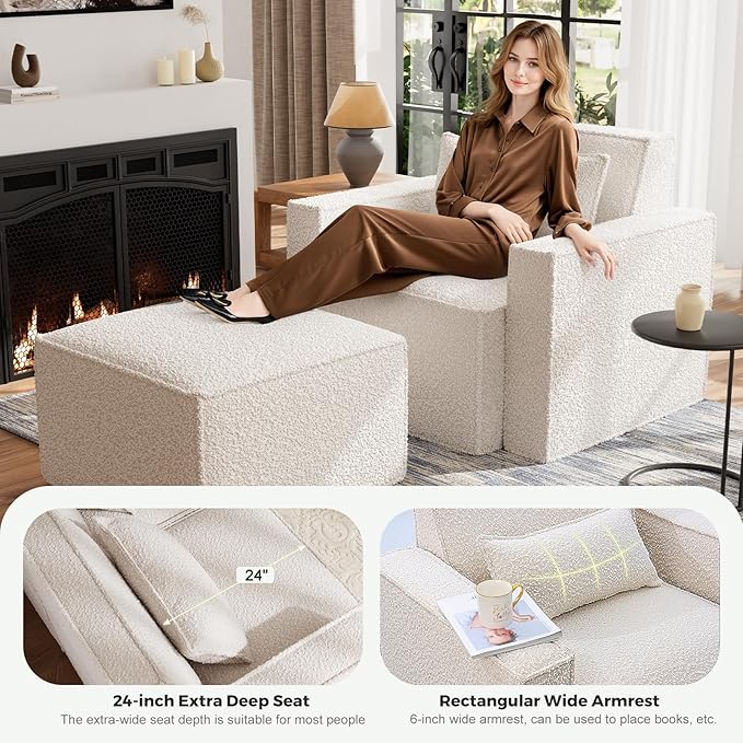 ELUCHANG Oversized Accent Chair with Ottoman,Modern Boucle Sofa Chair with Strong Wood Frame,High Supportive & Soft Sponges Comfy Upholstered Armchair Reading Chairs for Apartment White