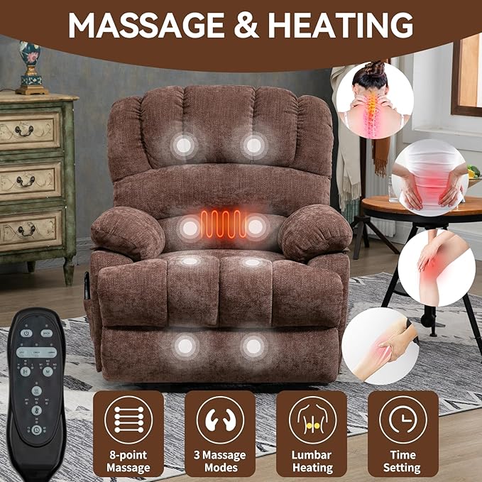 Large Power Lift Recliner Chair with Massage and Heat for Elderly, Ergonomic Backrest, Infinite Adjust, 2 Side Pockets,USB and Type-C Ports, Chenille Brown