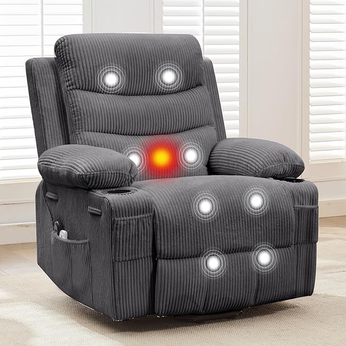 Power Lift Recliner Chair for Elderly, Living Room Massage & Heat, Small Spaces Useage or RV Single Sofa for Adults, 135° Reclining Accent Chairs, 2 Cup Holders and Side Pockets (Corduroy Gray)