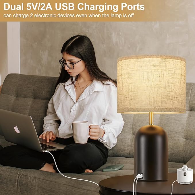 Bedside Lamps with USB C+A Charging Ports, Table Lamp Touch Control 3-Way Dimmable Modern Lamp for Bedroom Lamps for Night Stands with Fabric Shade for Living Room Office Dorm (LED Bulbs Included)
