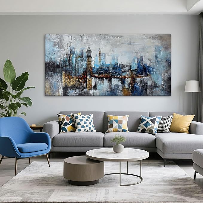 Pogusmavi Large Wall Art for Bedroom Abstract City View Canvas Art Modern Home Decor Gray Blue Buildings Prints for Bedroom Wall Art Office Artwork Wall Decor for Living Room Decor 29x58 inches