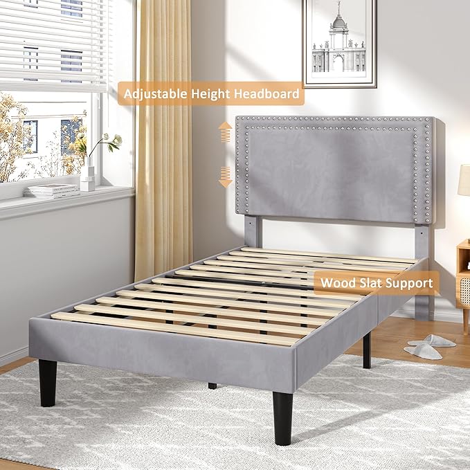 VECELO Twin Size Platform Bed Frame with Adjustable Upholstered Headboard, Strong Wood Slat Support, No Box Spring Needed, Easy Assembly