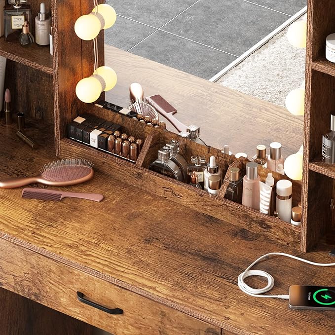 Vabches Makeup Vanity Desk with Lighted Mirror & Power Strip, Large Brown Vanity Table Set Rustic Farmhouse Style with Lots of Storage, 3 Lighting Modes, Brightness Adjustable, 45.2in (W)