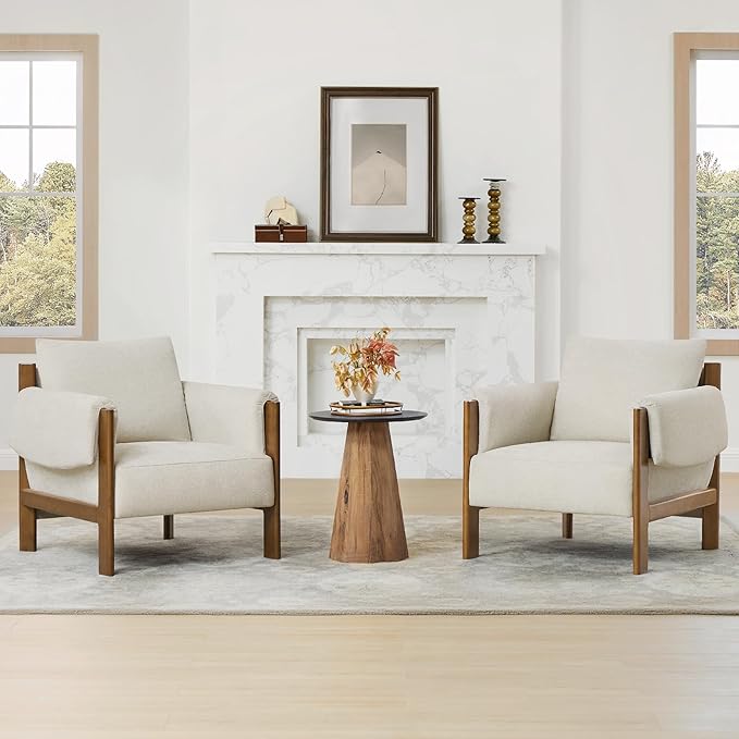 CHITA Accent Chair Set of 2, Mid Century Modern Fabric Upholstery Armchair for Living Room, Solid Wood Frame, Fabric in Linen
