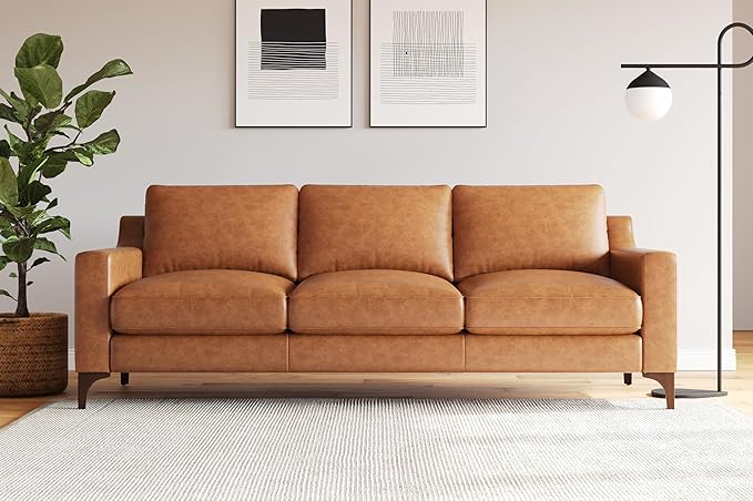 Valencia Hannah 86" Full Leather Sofa - Italian Nappa Premium Full-Aniline Leather Modern Cloud Couch for Living Room/Apartment Furniture, Saddle Tan