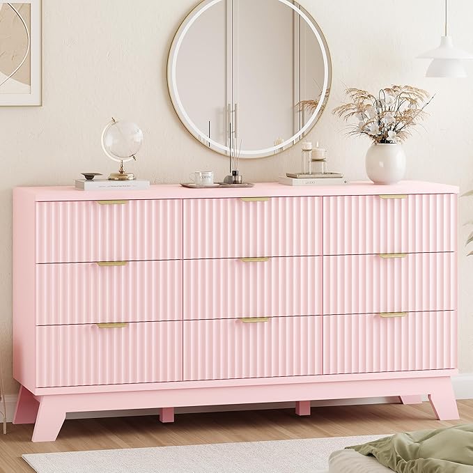 Fluted Dresser for Bedroom with 9 Drawers, 57" Wide Modern Chest of Drawers with Metal Handle, Wooden Dresser TV Stand, Wood Closet Clothes Storage Organizer for Living Room, Hallway, Pink