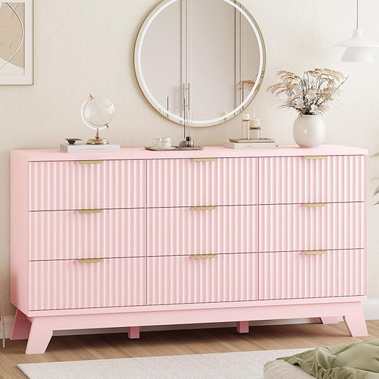 Fluted Dresser for Bedroom with 9 Drawers, 57" Wide Modern Chest of Drawers with Metal Handle, Wooden Dresser TV Stand, Wood Closet Clothes Storage Organizer for Living Room, Hallway, Pink