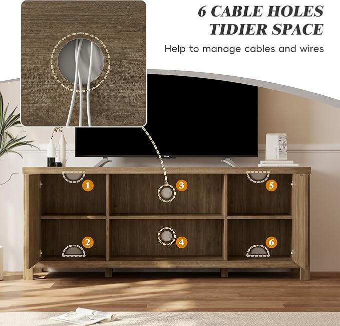 Rattan TV Stand for TVs up to 65'',Boho Entertainment Center with Adjustable Shelves, Mid Century Modern Media TV Console Cabinet with Rattan Doors for Living Roon Bedroom Caramel Oak LTV91BR