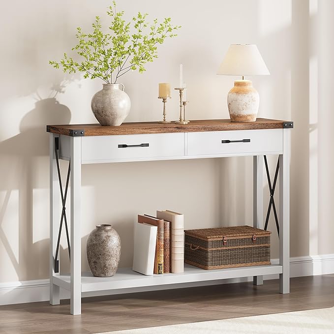 43” Entryway Table with Drawers, Narrow Console Sofa Table with Storage & Shelves, Farmhouse Entryway Console Table for Hallway, Living Room - White
