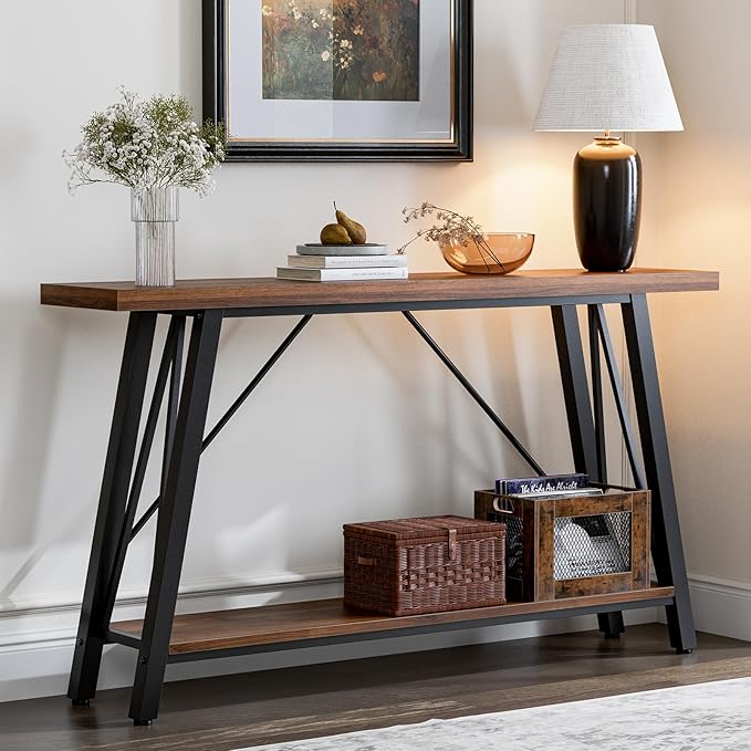 GAZHOME Console Table with Storage Shelf - Industrial Style Sofa Table Behind Couch for Living Room & Entryway, Rustic Brown,53.1 Inch