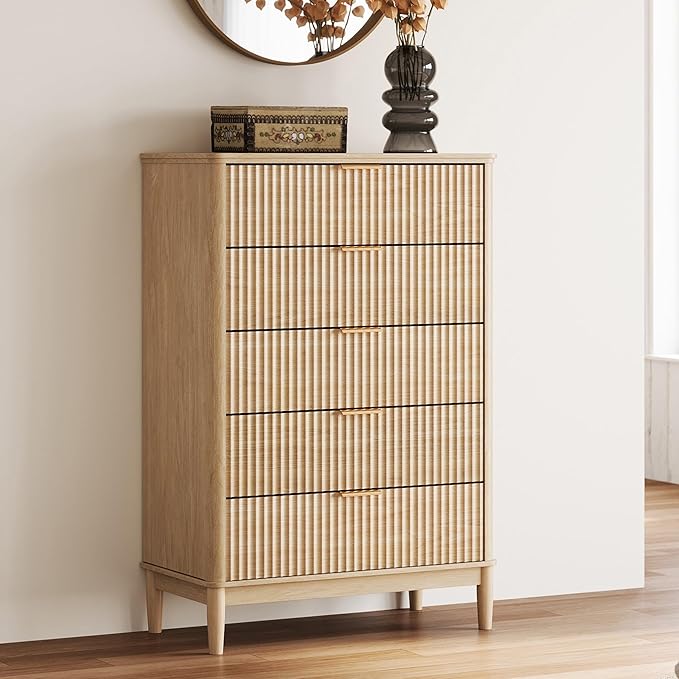 LINSY HOME Fluted Dresser for Bedroom with 5 Drawers, 46" Tall Chest of Drawers, Mid Century Modern Dresser with Metal Handle, Wood Closet Storage Cabinet for Living Room, Hallway, Oak