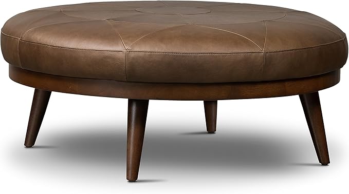 POLY & BARK Gio Ottoman – 30” Round with Feather-Down Topper – Full-Grain Leather Upholstery – Couch Ottoman for Living Room – Vintage Italian Leather in Cocoa Brown