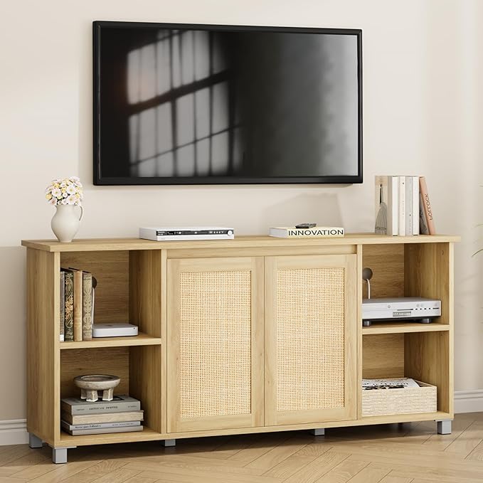 GarveeHome 70" Mid-Century Modern TV Stand - Rattan Door Entertainment Center with 2 Storage Cabinets & 3 Open Shelves, Media Console for Living Room (Natural)