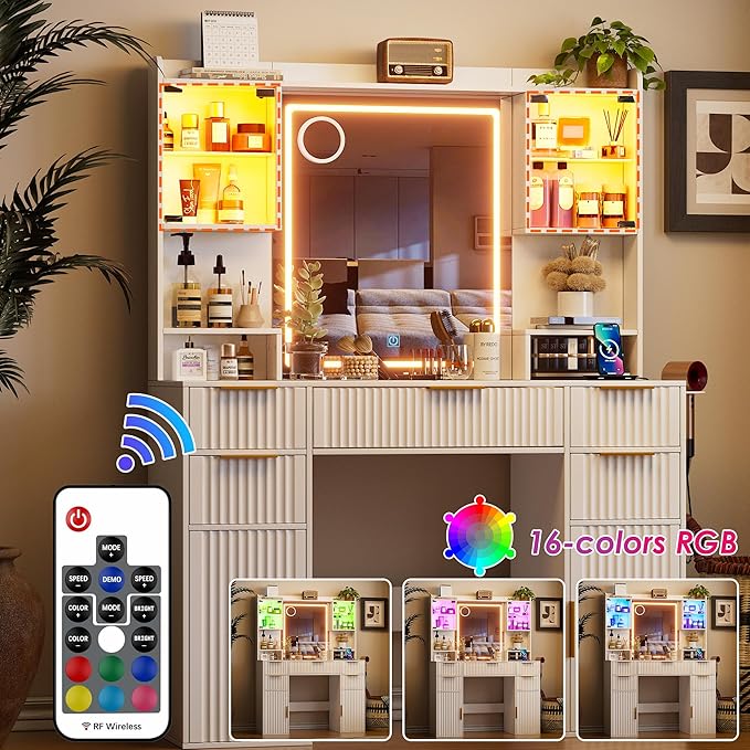 PAKASEPT Vanity Desk with Mirror and Lights, Fluted Makeup Vanity Desk with Lights 3 Colors, Glass Top Vanity with 16 RGB Colors Cabinet, 2 Shelves & 5 Drawers & Power Outlet